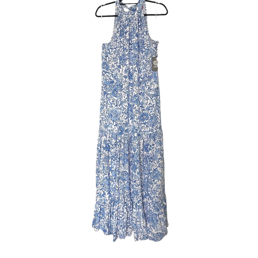 Vince Camuto Blue White Floral Halter Maxi Dress Tiered Sleeveless Gown NWT